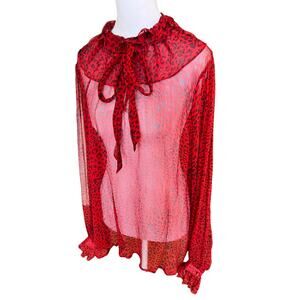 Johnny Was Red Leopard Silk Ruffle Blouse Tie Neck Boho Top Size L